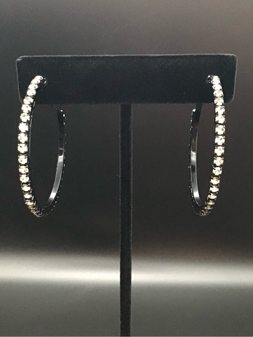 Black Rhinestone Hoop Earrings - Picture 2 of 3